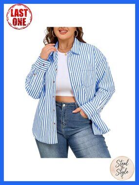 Plus Size Striped Button Down Shirt with Pocket 100% Cotton Long Sleeve Blouse